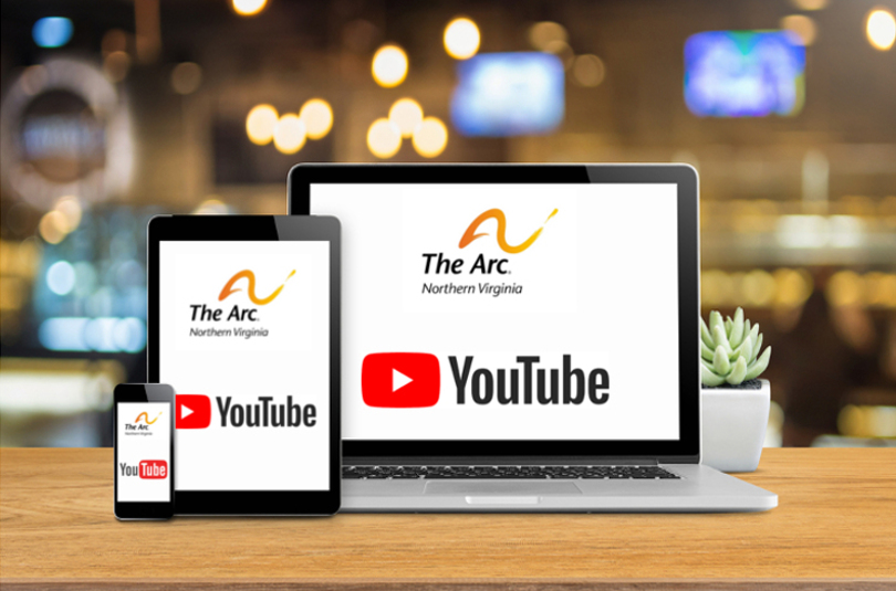 a smartphone, a tablet, and a laptop in a row on a table, each displaying The Arc logo and the YouTube logo
