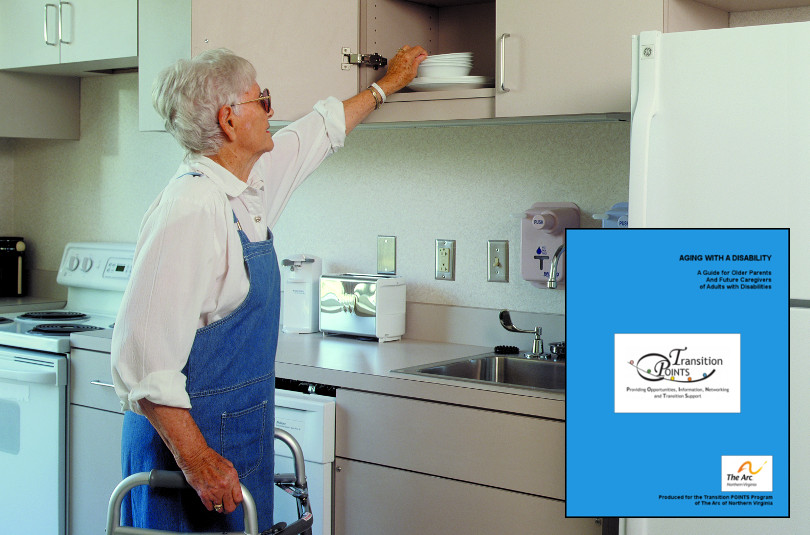 an elderly white woman wth gray hair wearing a blue apron steadys herself with a walker in the kitchen, while she reaches for a bowl in an upper cabinet. An image of the aging guide is superimposed over the photo in the lower right corner.