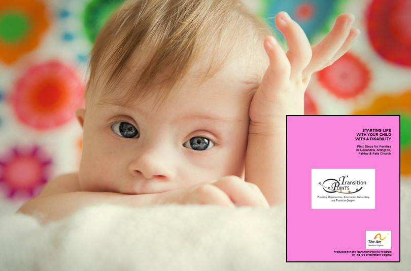 close up image of a toddler with blonde hair and blue eyes, could be a boy or a girl, looking over the top of a folded terrycloth towel. An image of the early intervention guide is superimposed over the photo in the lower right corner.