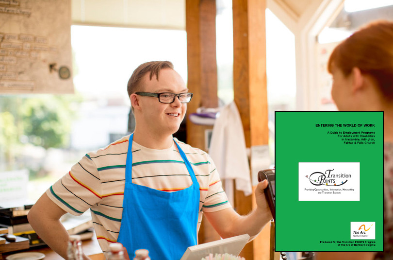 a young adult male is shown working in a coffee shop. He's wearing glasses and a blue apron, and shows a female customer the credit card validation device. An image of the employment guide is superimposed over the photo in the lower right corner.