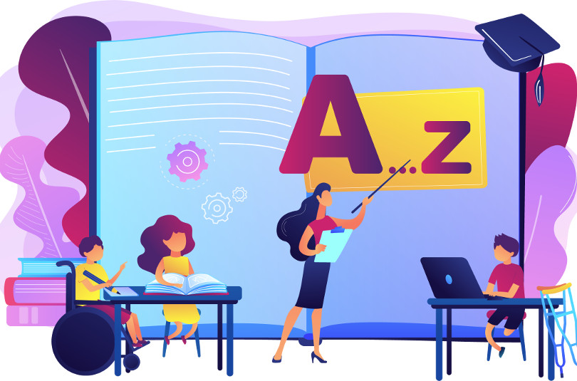 Artwork image of 3 students in a classroom, with a teacher pointing to a slide on the wall showing A to Z