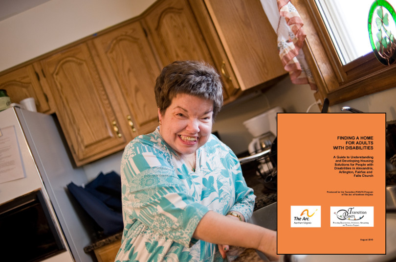 photo of a middle aged woman in a kitchen, washing dishes in the sink. An image of the housing guide is superimposed over the photo in the lower right corner.