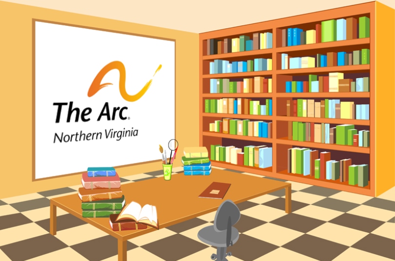 illustration of a library scene with a table and chair, shelves of books, and the Arc logo on the wall