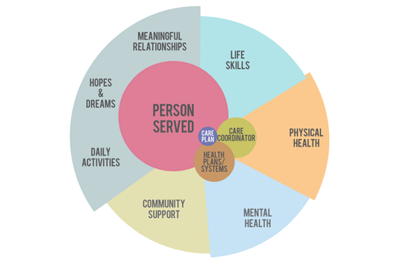 pinwheel style graphic with wedges of support services surrounding a center representing the person