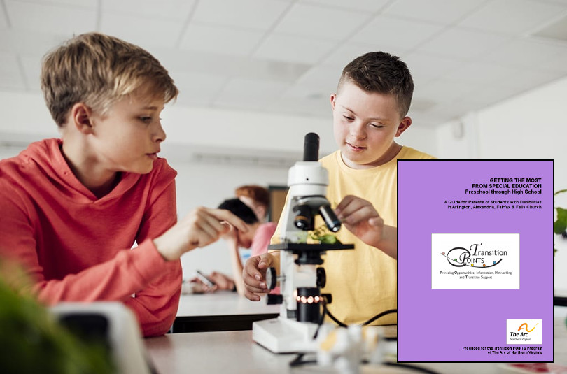 two school age boys, one with down syndrome, are working with a microscope in a school science lab. An image of the special education guide is superimposed over the photo in the lower right corner.