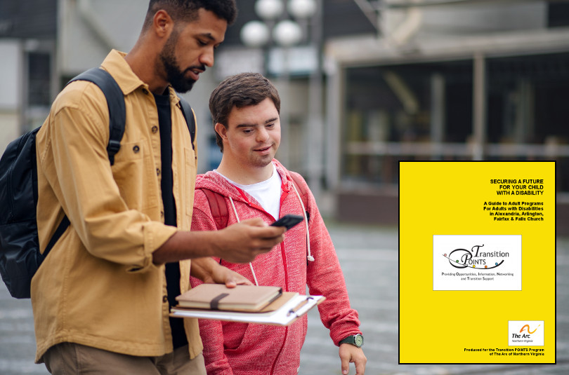A young adult male walks down the street with an older male mentor. An image of the transition to addult services guide is superimposed over the photo in the lower right corner.