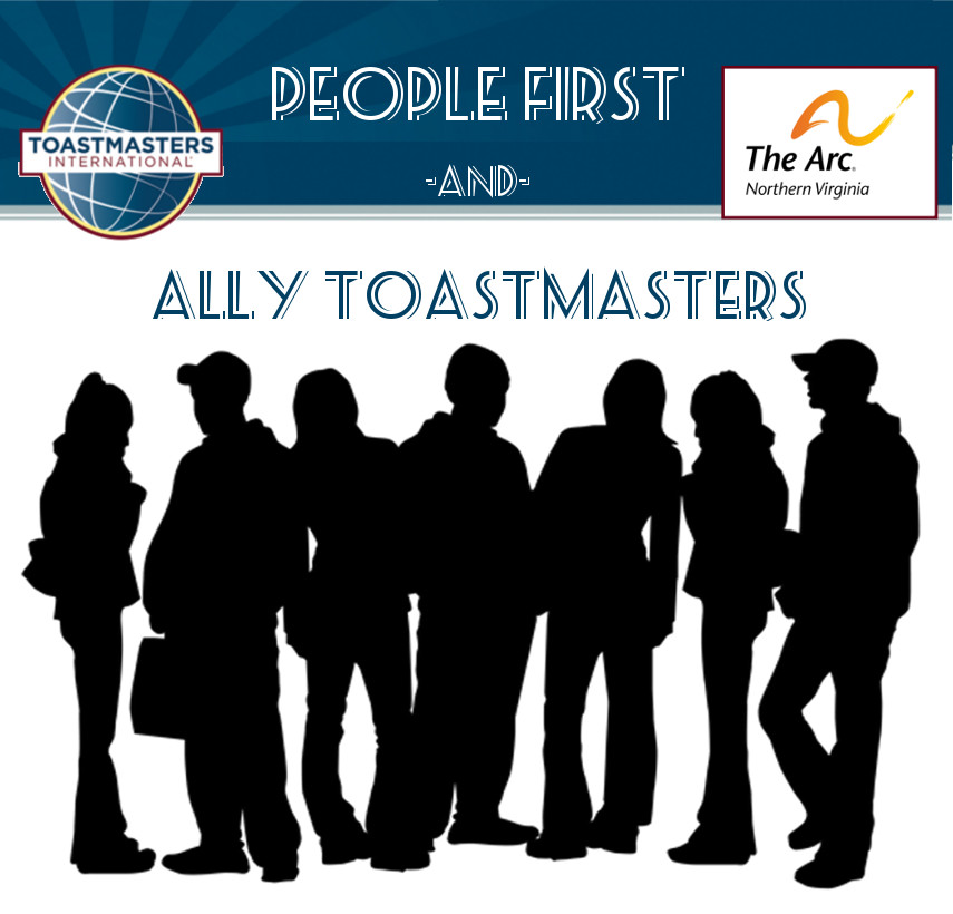 Graphic image that shows the logos for Toastmasters International and the Arc of Northern Virginia, over the top of a silouette of a group of standing people
