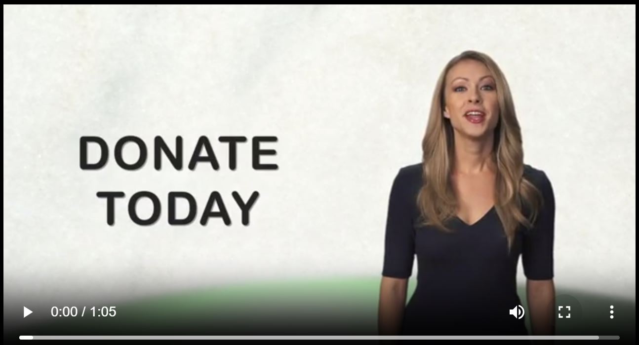 video thumbnail of a woman with long straight blonde hair in front of a neutral video background with the words Donate Today superimposed.