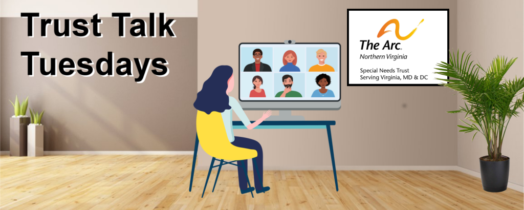 promo image for Trust Talk Tuesday shows a graphic depicting a woman sitting at a desk, viewing a Zoom meeting on her computer monitor.