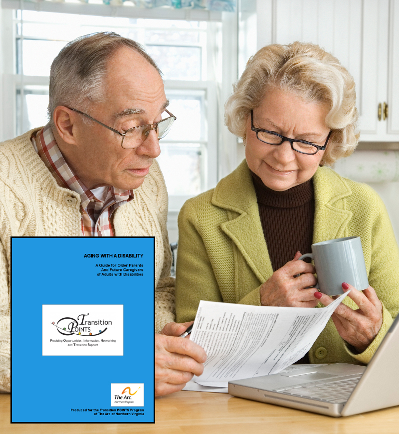 an elderly white husband and wife sit at a kitchen table, studying a sheet of paper in front of an open laptop computer. An image of the Aging with a Disability guide is superimposed over the photo in the lower left corner.
