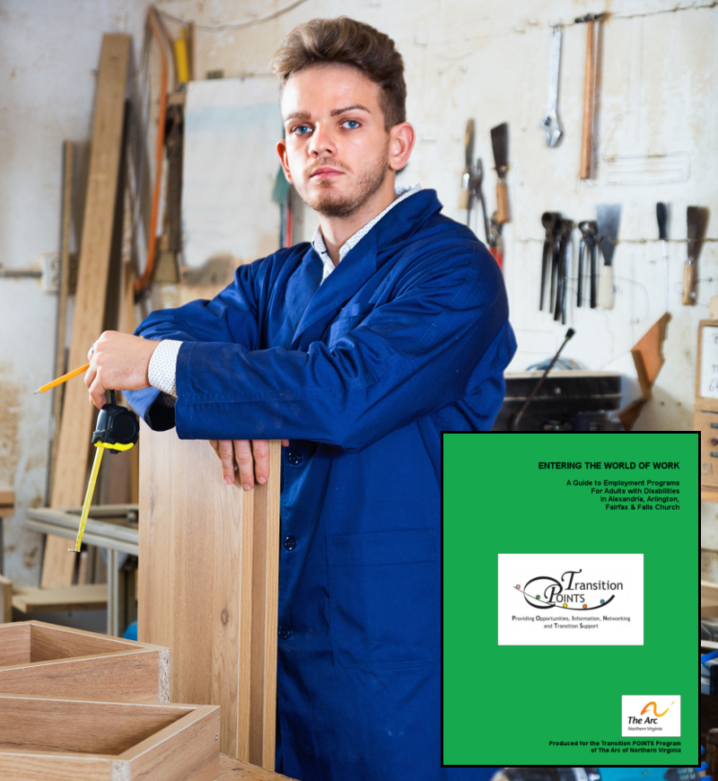 a young adult white man with blonde hair and a beard, wearing blue coveralls stands in a wood shop resting his arms on a pine board. A copy of the employemtn guide book is superimposed over the photo in the bottom right corner.