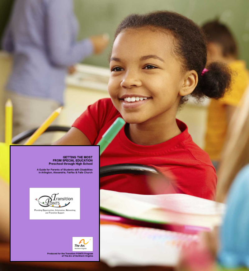 A young african american girl with a ponytail in her hair is smiling as she sits at her desk in a classroom. Behind her are blurred figures of an adult and another student. On her desk is a cup of pencils and an open book. Superimposed over the photo in the bottom left corner is an image of the Special Education guidebook.