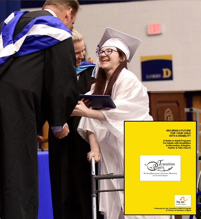 A teenage girl with long brown hair wears a white graduation cap and gown holds onto a walker as she accepts her diploma from two adult school officials wearing black gowns.