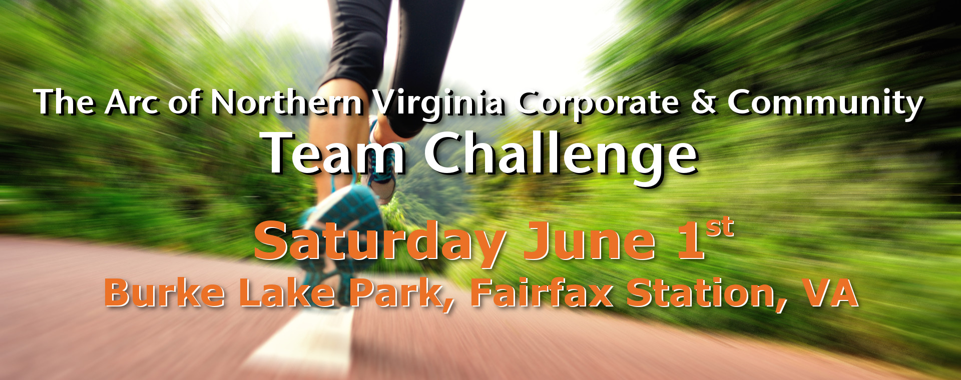promo image for the 2024 Team Challenge 5k fundraiser on Saturday June 1st, 2024 features a closeup image of a pair of women's legs and shoes running outdoors on an all weather track