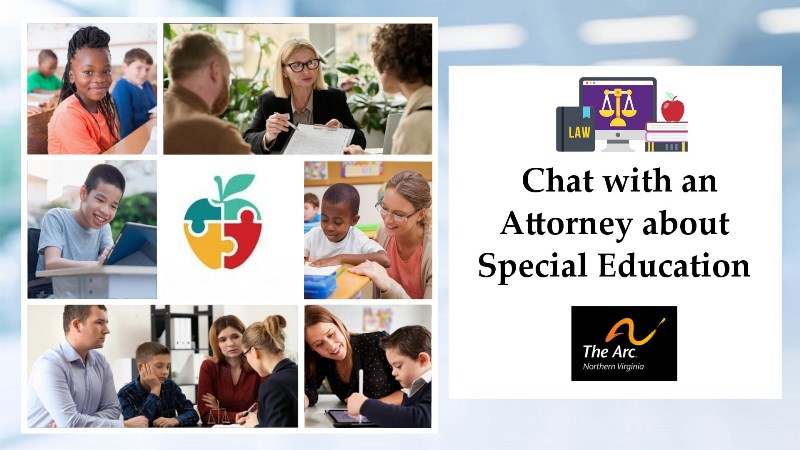 promo image for Chat with a Special Ed attorney sessions, featuring a collage of students with IDD, students and parents, and parents meeting with professionals