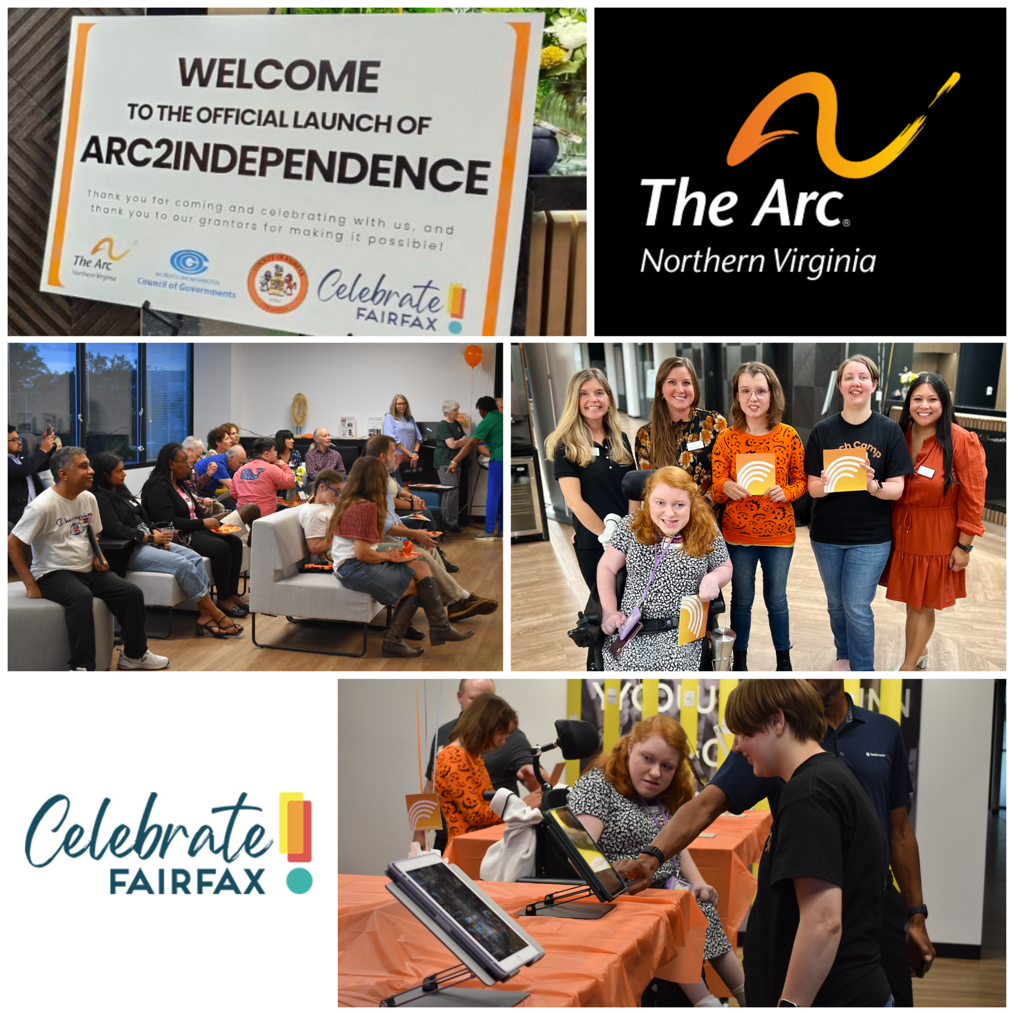 A collage of images from the Arc2Independence app launch party. The collage features logos from The Arc of Northern Virginia and Clebrate Fairfax.