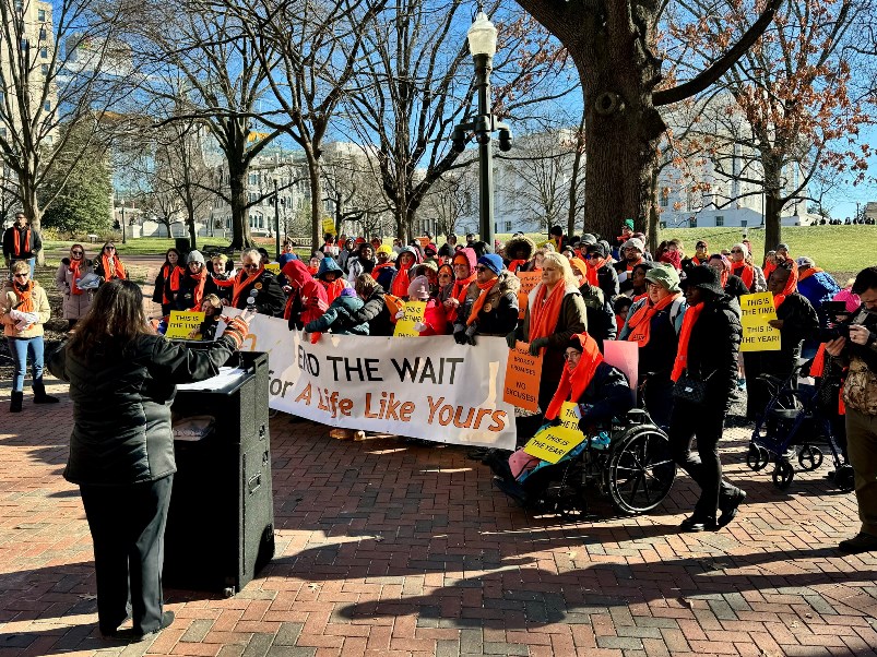 image of a crowd of advocates gathered on the grounds of the Virginia state capital, listening to an adovcate speak at a podium.