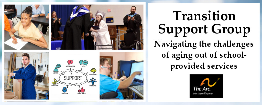 promo image for the Transition Support Group meetings, featuring a collage of young adults in college or employment.