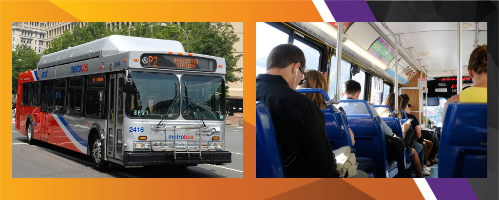 promo image for travel training features a collage of two images, the left being a bus, the right image being the view inside a bus