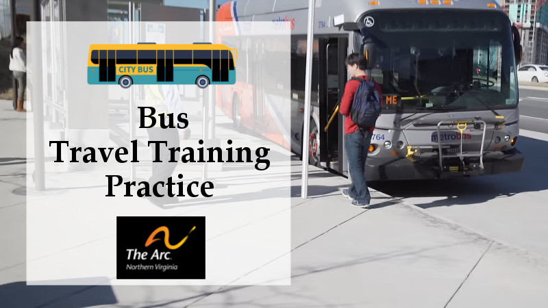 promo image for Bus travel training, featuring a photo of a yound adult asian make preparing to board a bus at a bus stop.