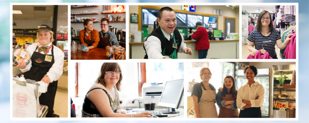 webinar promo image features a collage of young adults with IDD working various jobs.