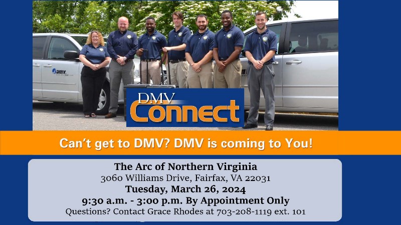 promo image for the DVM Connect event featuring a photo of DMV staff posed in front of a pair of white vehicles