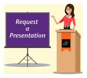 illustration of a woman standing behind a podium, gesturing toward a standing screen with the words "Request a Presentation" 