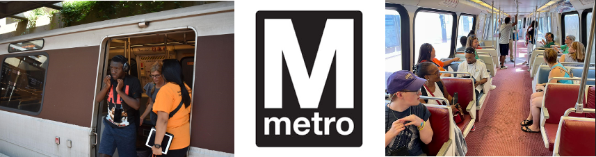 two photos of riders using MetroRail, and the Metro logo