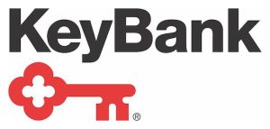 black text spelling Key Bank over the image of a red old-fashined style door key