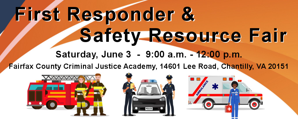 Promo image for First Responder Safety Fair, features cartoon images of firemen in front of a firetruck, policemen in front of a police cruiser, and an EMT in front of an ambulance.