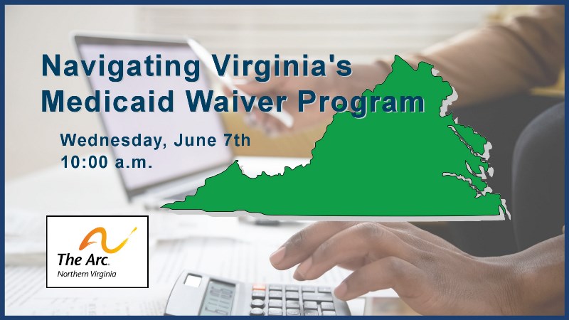 promo image for webinar, featuring an outline of the state of Virginia superimposed over an image of hands typing on a laptop computer.