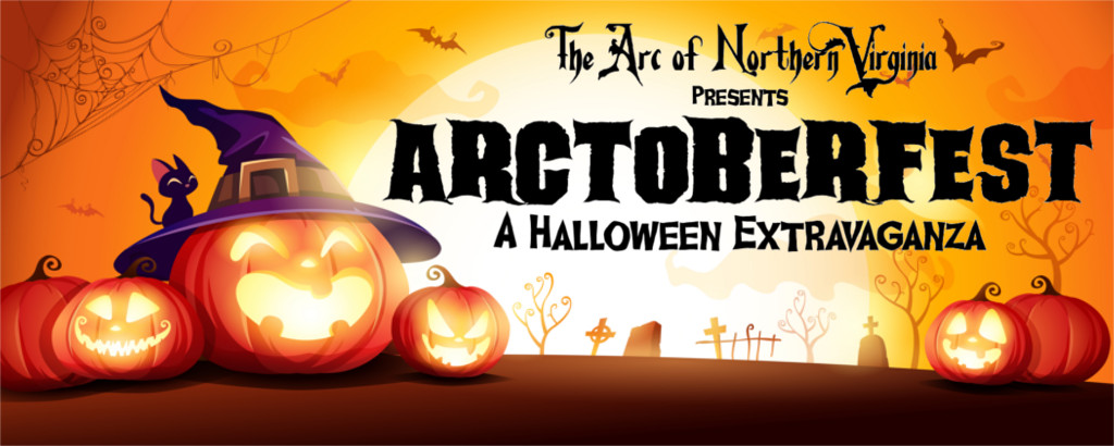 Promo image for the Arctoberfest halloween party, featuring a grouping of 3 jack-o-lanterns, with the large middle one wearing a witch's hat, imposed on a setting sun background with a cemetary in the distance.
