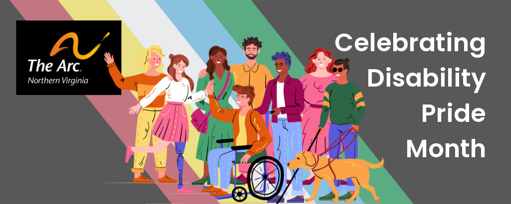 Artwork rendering of a group of diverse people with a variety of disabilities superimposed over the Disability Pride flag.