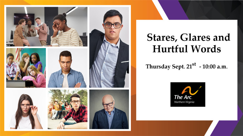 promo image for Stares Glares and Hurtful Words webinar featuring a collage of individuals with glaring, judgemental expressins on their faces.
