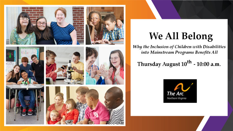 Promo image for We All Belong webinar, featuring a collage of children and young adults with differing developmental disabilities.
