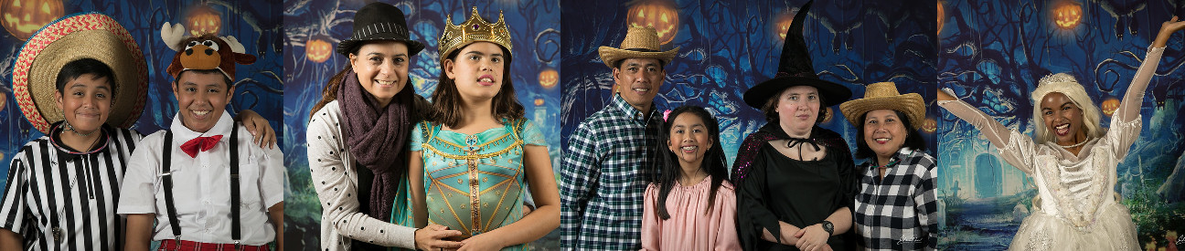 photo strp of men, women, and children in halloween costumes from the 2019 event
