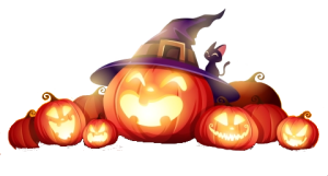 clipart image of a row of carved jack-o-lanterns, with the largest one in the middle wearing a witches hat