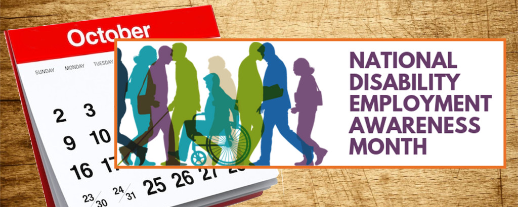 promo image for National Disabiliy Employment Awareness Month, featuring a silouetted group of people on the way to work, over the top of a calendar page of the month of October