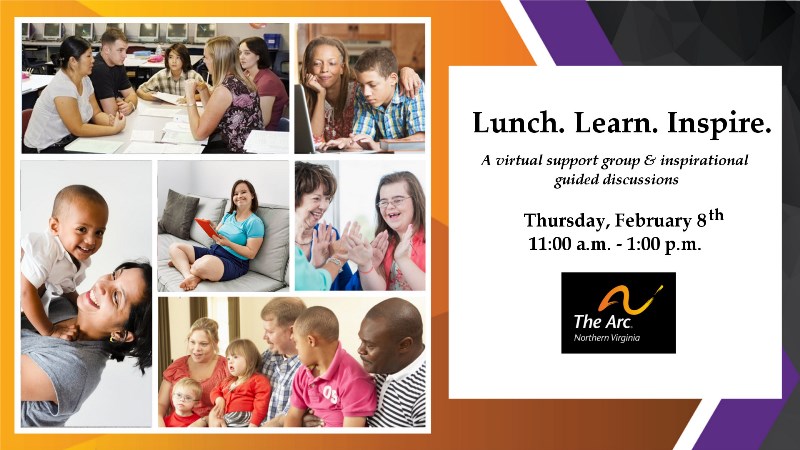 webinar promo image features a collage of people with developmental disabiities, parents, and caregivers.