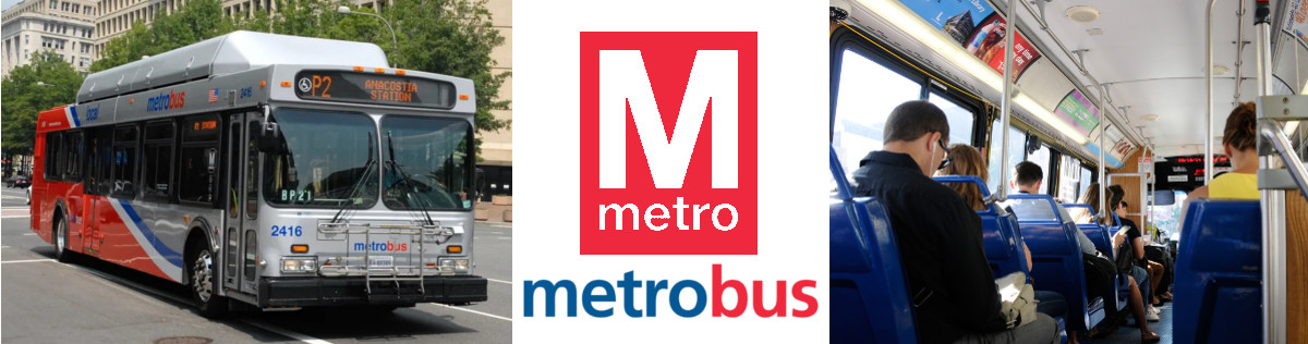 Three image side by side, first the exterior of a DC metro bus, then the MetroBus logo, then the interior of a bus with riders in their seats.